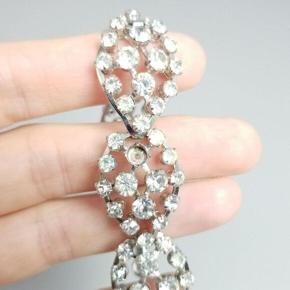 Vintage Rhinestone Panel Bangle Bracelet, Silver Tone Prong Set Glass Stones - Picture 6 of 8